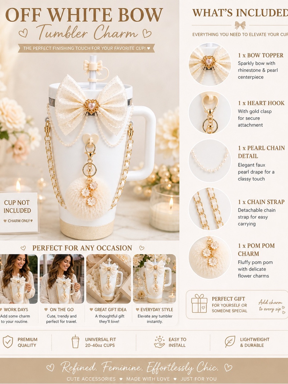 Off White Bow Tumbler Charm with Gold Accents